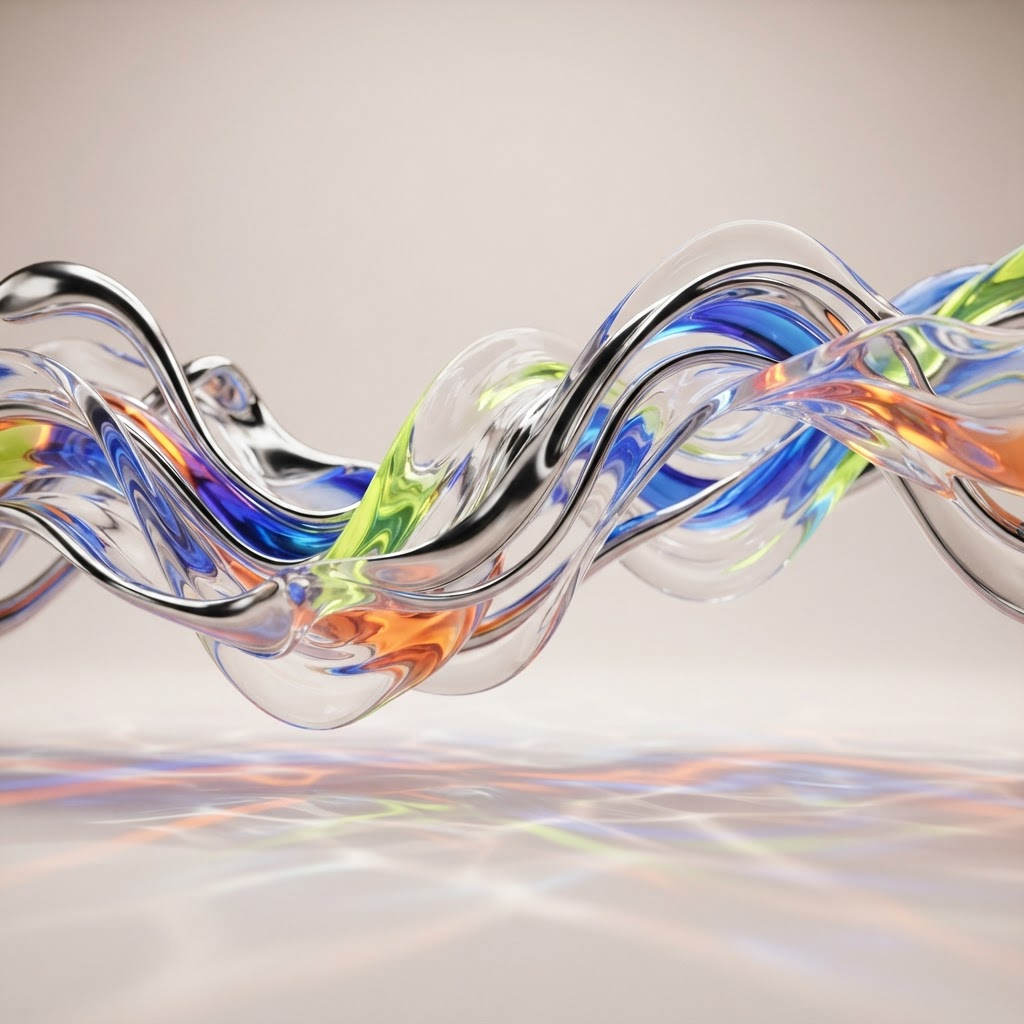 Liquid glass and chrome waves with refracted blue, lime and orange light