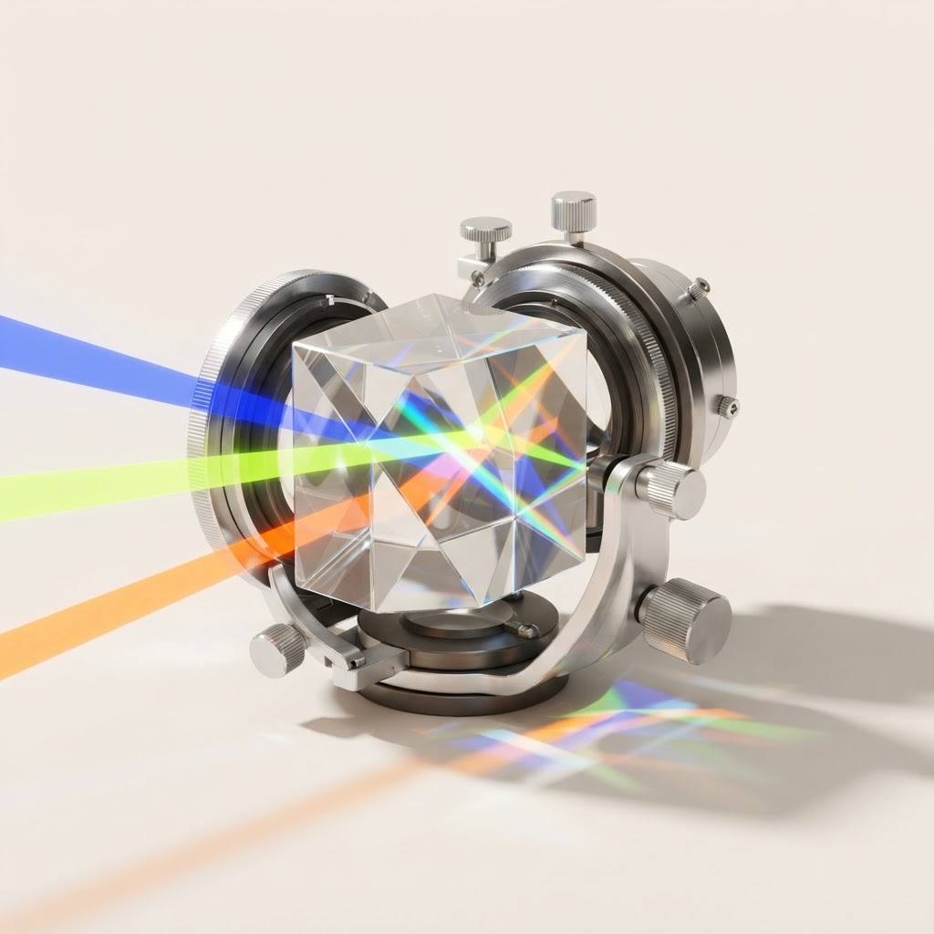 Glass and chrome analytical lens sculpture